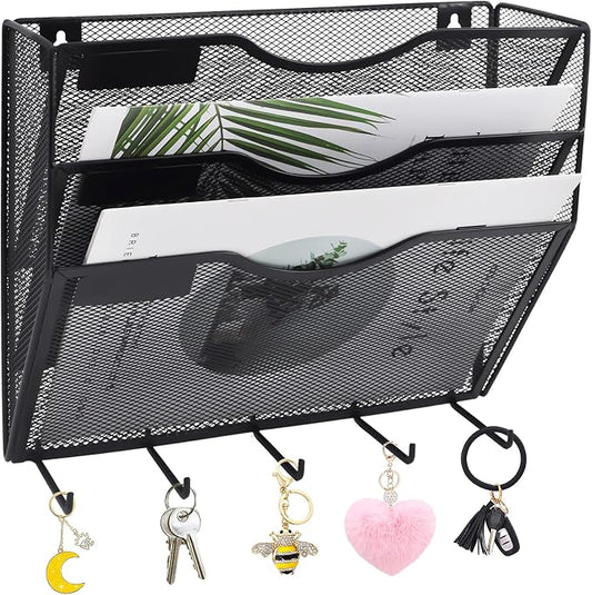 3 Pocket Mesh Hanging File Organizer with Key Holder Hooks & Nametag Label, Wall Mounted Mail Paper Document Folder Clipboard Storage Organization Magazine Rack for Office Cubicle, Black by EASEPRES