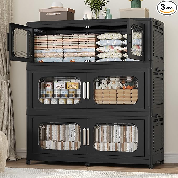 150Gal Exra Large Stackable Storage Bins with Lid, 600QT Collapsible Storage Box with 6x Wheels, Folding Plastic Cabinet Container with Door Drawer for Home Kitchen Office Dorm, 3Pack Black by KUYIGAME