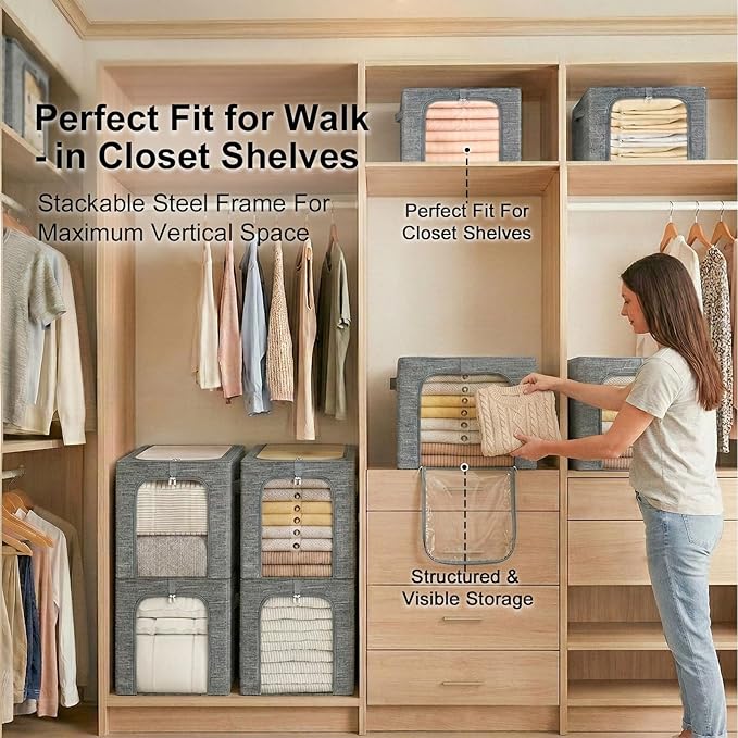 GoMaihe Blanket Storage Bins with Metal Frame for Closet, 55L 4-Pack Grey | Clothing Comforters Bedding Winter Coat, Closet Top Shelf, Collapse-Proof Stackable, Clear Window, Dual Access Space Saving - Image 7