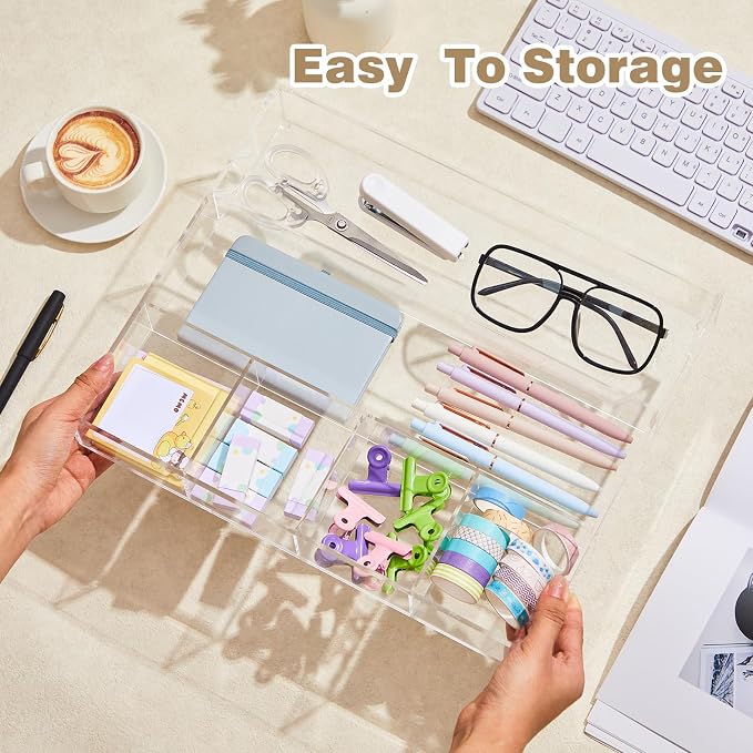 Large Acrylic Desk Deep Drawer Organizer with Adjustable Dividers, Anti-skip Clear Desk Top Junk Drawer Storage Tray for Pens, Desktop, Office, Bathroom, Kitchen, Makeup Supplies(6 Compartments) - Image 3