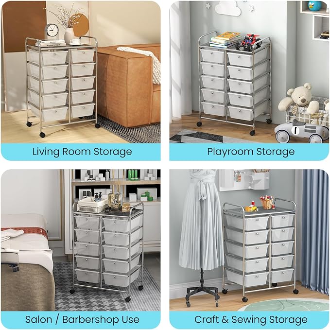 Moccha 10-Drawer Rolling Storage Cart - Under Desk Storage Drawers with wheels for Craft Art Supply Paper Salon, Scrapbook Paper Tools, Mobile Utility Cart for Classroom, Clear - Image 5