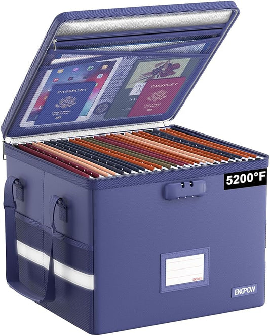ENGPOW 5200°F File Box Fireproof Document Box with Lock,Heat Insulated Collapsible File Storage Organizer Box with Handle,Portable Home Office File Cabinet for Hanging Letter/Legal Size Folder, Blue by ENGPOW