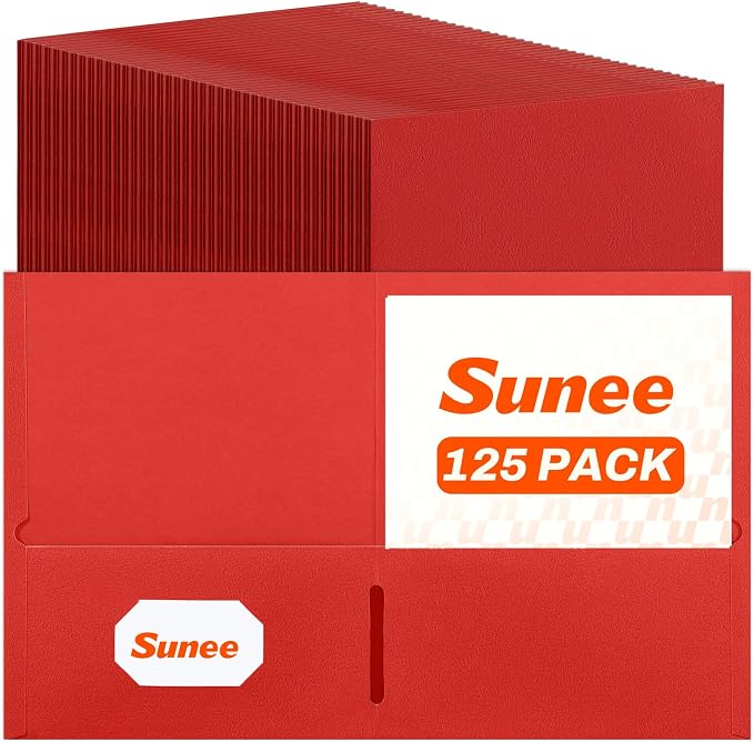 SUNEE Folders with Pockets(125 Pack, Red), 2 Pocket Folders Fit Letter Size Paper, Paper File Folder for School Office Home Business by SUNEE