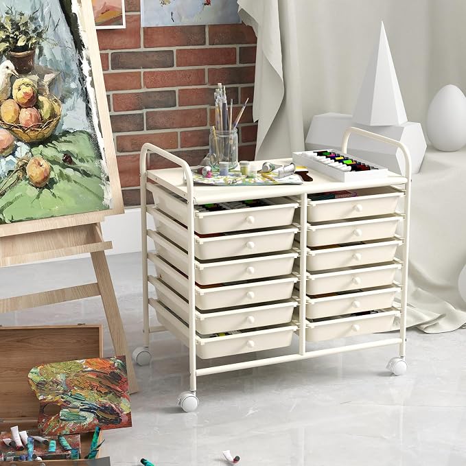 GOFLAME 12-Drawer Rolling Storage Cart, Multifunctional Art Craft Organizer Cart, Mobile Utility Storage Cart with Removable Drawers & Lockable Wheels, Craft Cart for Home Office School, White - Image 8