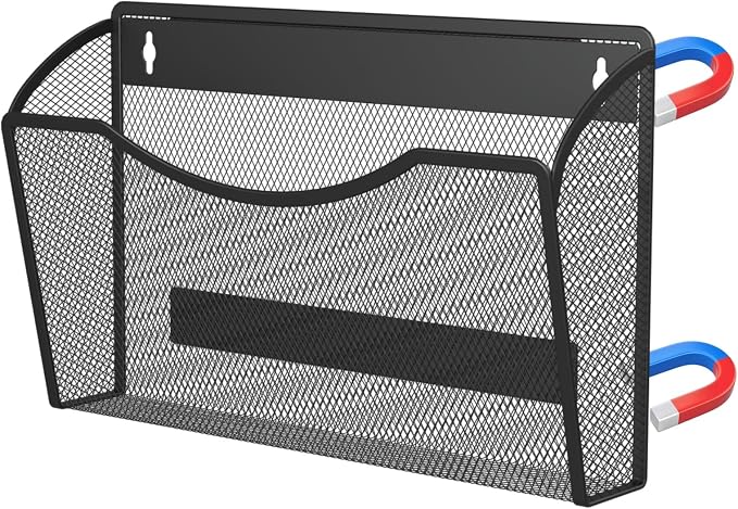 MINDEPOT Magnetic Wall File Organizer, Hanging File Holder, 1 Pack, Black | Heavy Duty Iron, Powerful Magnet, Metal Mesh Wall Mount, Single Pocket, for Office School Classroom Home, Letter A4 Size by MINDEPOT