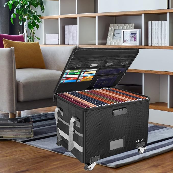 ENGPOW Fireproof Document Box with Wheels, Collapsible File Box with Lock, Rolling File Storage Organizer Filing Cabinet with Pockets, Portable Home Office Safe for Hanging Letter/Legal Folder - Image 8
