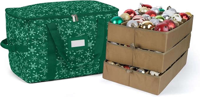 Covermates Keepsakes Adjustable Ornament Storage Bag – Heavy-Duty Polyester, Padded Dividers & FlexGrid Trays – Protective Holiday Ornament Organizer with Handles & Label Window, Green Snowflake by Covermates