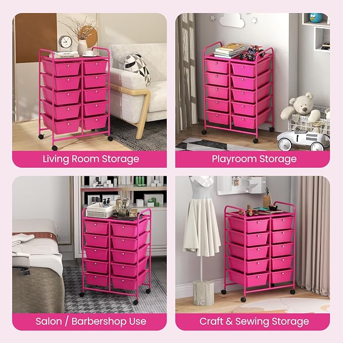 Giantex 10 Drawers Rolling Cart, Classroom Organizers, Storage Cart with Wheels, for Teacher Office Home School Supplies Tool Craft Art Paper, Hot Pink - Image 5