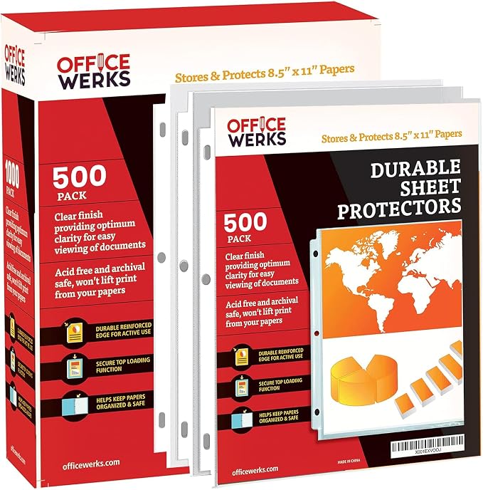 OfficeWerks Clear Sheet Protectors 8.5x11 for 3 Ring Binder, 35 Micron Plastic Sleeves, Top Loading, Reinforced Holes, Archival Safe, Durable Page Protectors for Documents and Binders (500) by Office+Werks