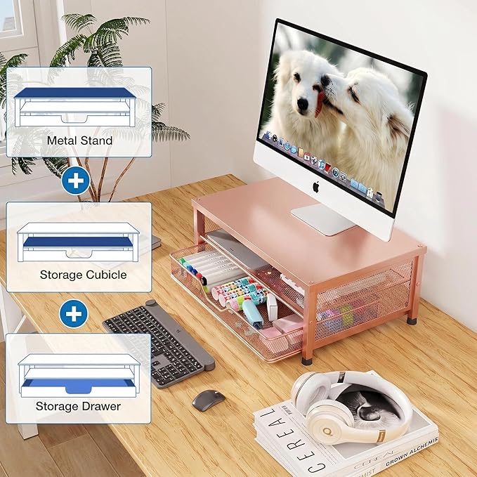Computer Monitor Stand Riser, Desk Organizer with Drawer, Printer & Laptop Stand, Office Desk Accessories & Workspace Desktop Organizers Storage for Office Supplies(Rose Gold) - Image 2