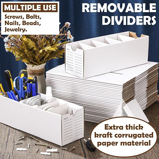 Teenyyou 30 Sets Cardboard Parts Bins Boxes Kraft Cardboard Storage Bins with Dividers for Parts Shelves Stem Project Online Store Inventory Organized(White,12 x 4 x 4 Inches) - Image 4