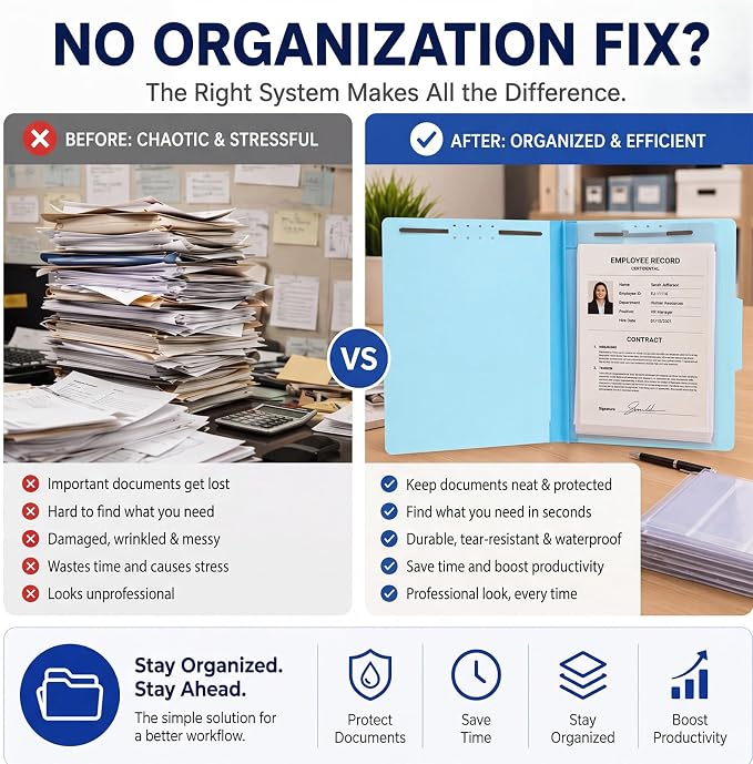 Tinlade 20 Pcs Classification Folder Set Includes 10 Blue Classification Folders with 1 Divider 2" Expansion and 10 Clear Poly File Jackets Letter Size 2 Prong Fasteners for Law Client Medical Files - Image 8