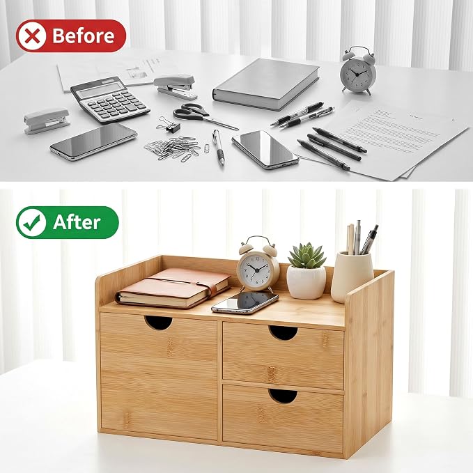 Bamboo Desk Organizer with Drawers, Desktop Storage Box for Office Supplies | 3 Drawers Desktop organizer, No Assembly Required, Natural Wood Wooden Desktop Drawers for Bills, Cosmetics, Seals, Paper - Image 9