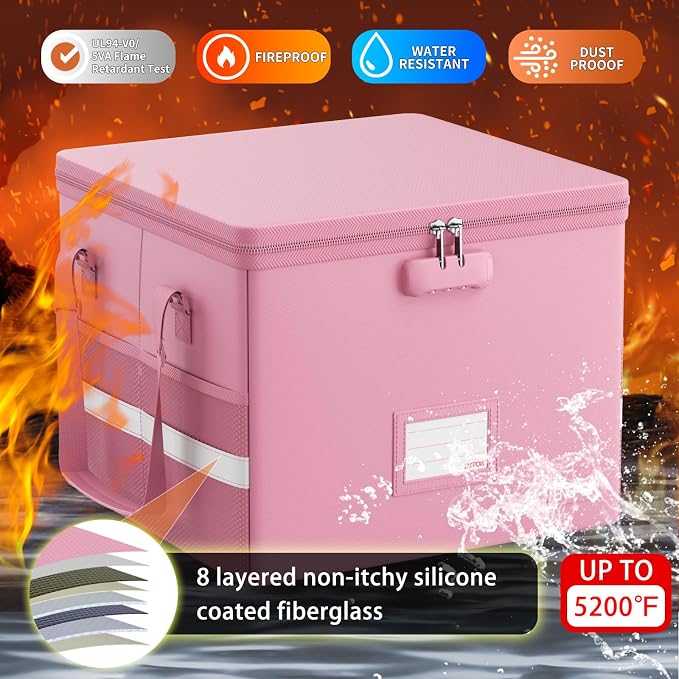 ENGPOW 5200°F File Box Fireproof Document Box with Lock,Heat Insulated Collapsible File Storage Organizer Box with Handle,Portable Home Office File Cabinet for Hanging Letter/Legal Size Folder, Pink - Image 3