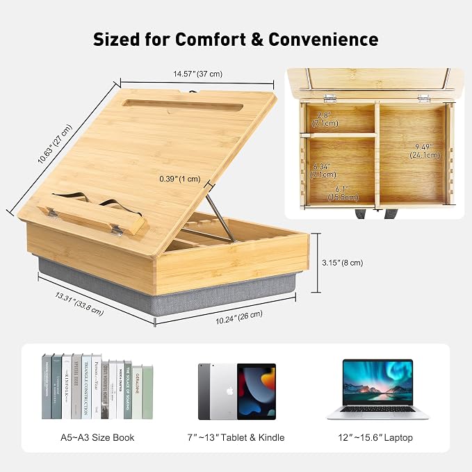 AboveTEK Book Stand for Reading with Storage, Adjustable Bamboo Book Holder with Soft Lap Cushion, Cookbook Stand, Hands-Free Book Reading Stand for Bed, Desktop & Kitchen Counter - Image 7