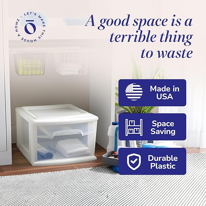 HOMZ 1 Drawer Storage Cart, Medium Plastic Container, White Frame, 2 Pack | 14.25" Wide Medium Tote with 1 Clear Drawer for Organizing Bathrooms, Bedrooms, Home Offices, Closets, and Dorm Rooms - Image 6