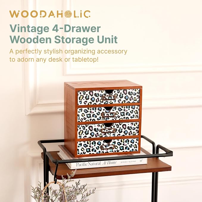 Colorful Leopard Print Wooden Desk Organizer - 4-Drawer Desktop Storage Cabinet for Office Supplies, Craft Tools & Home Organization - Trendy Wood Design for Crafters, Art Enthusiasts, Students - Image 3