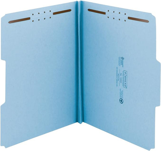 Smead 100% Recycled Pressboard Fastener File Folder, 2 Fasteners, 1/3-Cut Tab, 1" Expansion, Letter Size, Blue, 25 per Box (15000) by SMEAD