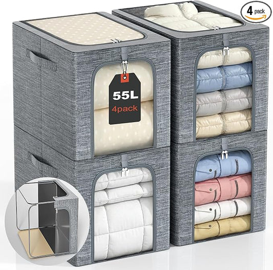 GoMaihe Blanket Storage Bins with Metal Frame for Closet, 55L 4-Pack Grey | Clothing Comforters Bedding Winter Coat, Closet Top Shelf, Collapse-Proof Stackable, Clear Window, Dual Access Space Saving by GoMaihe