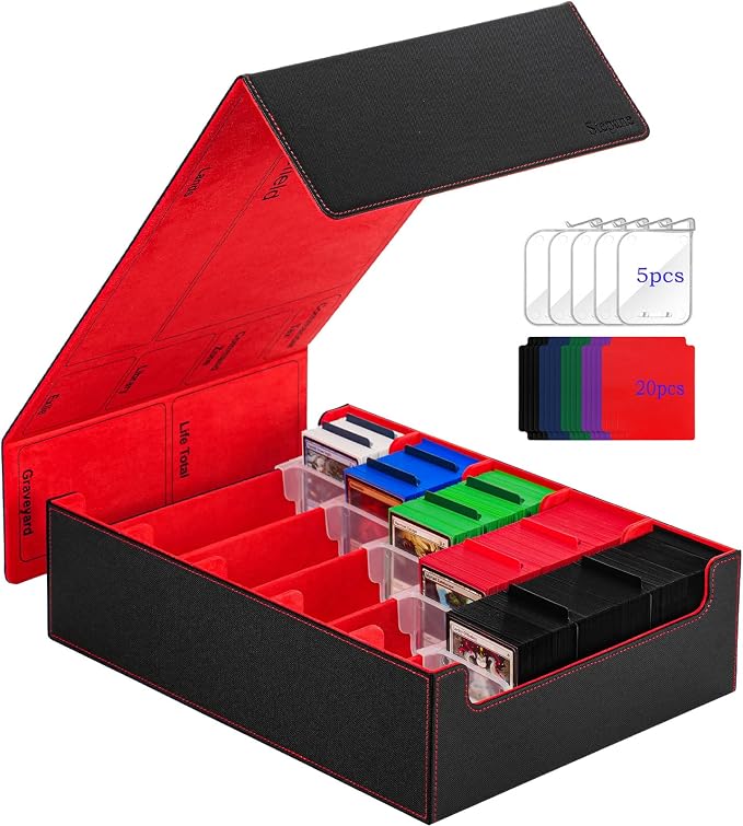 5 Row Trading Card Storage Box, 3800+Bulk Card Organizer Box with 20 Dividers & 5 Supporters, Graded Card Deck Box for YuGiOh, MTG, TCG Black/Red by Stepane