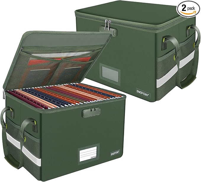 ENGPOW File Box with Lock, Fireproof Document Box with Pockets, Collapsible File Organizer Filing Storage Cabinet with Handle, Portable Home Office Safe for Hanging Letter/Legal Folders,Green,2 Pack by ENGPOW