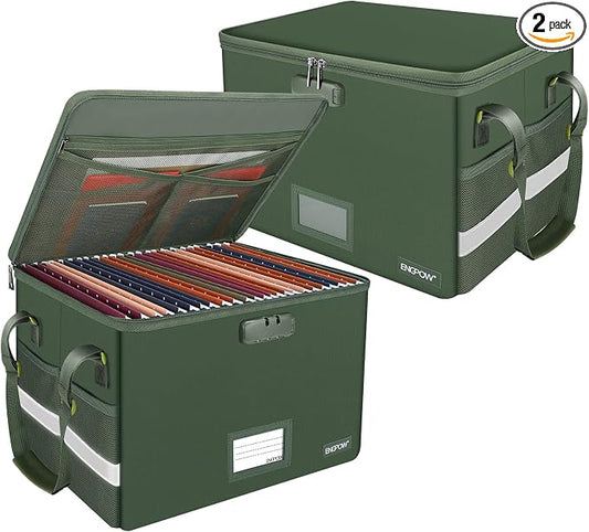 ENGPOW File Box with Lock, Fireproof Document Box with Pockets, Collapsible File Organizer Filing Storage Cabinet with Handle, Portable Home Office Safe for Hanging Letter/Legal Folders,Green,2 Pack by ENGPOW