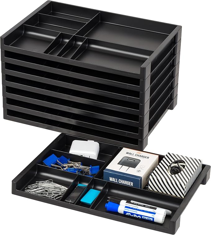 IRIS USA 8-Pack, 14 x 10 in Stacking Desktop Organizer Tray, Black | Organize documents, notebooks, stationery and office supplies with divided storage for desks and workspaces by IRISUSA