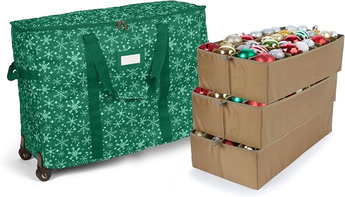 Covermates Keepsakes Rolling Adjustable Ornament Storage Bag – Heavy-Duty Polyester, FlexGrid Trays & Padded Dividers – Protective Holiday Organizer with Wheels, Handles & ID Window, Green Snowflake by Covermates