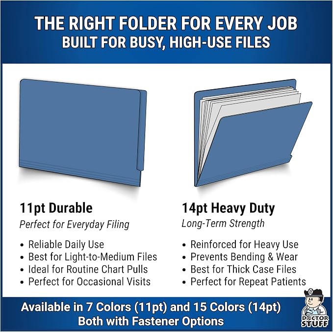 Blue File Folders, USA Made, Doctor Stuff, Two 2" Bonded Fasteners, Durable 11pt, Reinforced End Tab File Folders with 2 Prongs, Colored Office & Medical Charts Patient Chart, Box of 50 - Image 4