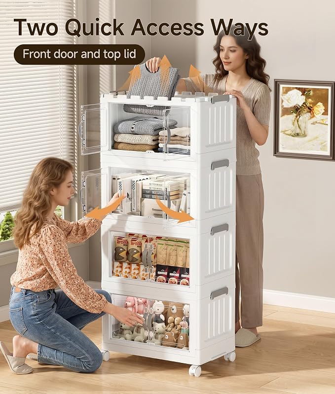 Hanyi 140 QT Stackable Storage Bins with Lids, 4 Tier Collapsible Plastic Storage Cabinet with Magnetic Doors, Removable Top Lid, Locking Wheels, Closet Organizer for Bedroom, Pantry, Office - Image 6