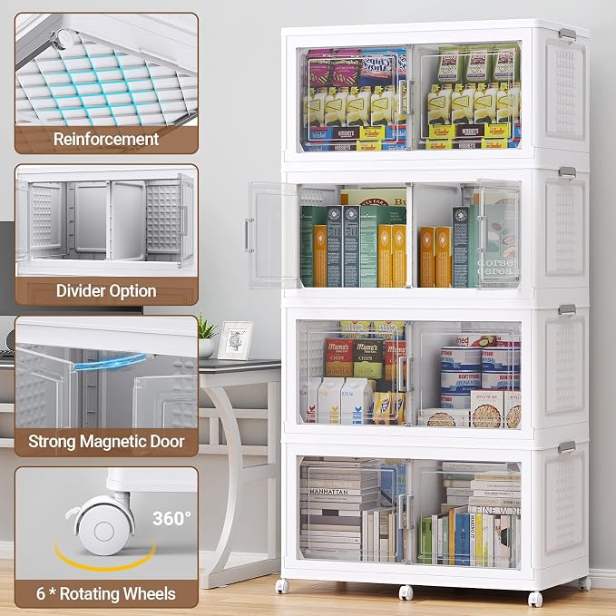 BROVIEW 800 Qt Stackable Storage Bins Foldable Cabinet, V40 White 4-Pack | Extra Large Collapsible Storage Bins with Lid Doors Wheels Dividers, Closet Organizers and Storage Drawer for Home Office - Image 4
