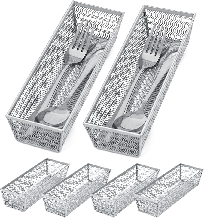 Neudeco Silverware Organizer, Silver, 9 * 3 * 2 inch, Pack 6 | Mesh Drawer Organizer, Metal Utensil Organizer, For Flatware, Knives, Spoons, Cosmetic by Neudeco
