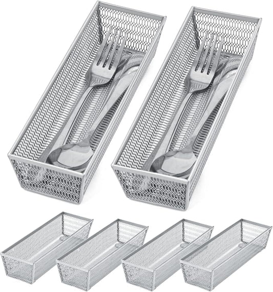 Neudeco Silverware Organizer, Silver, 9 * 3 * 2 inch, Pack 6 | Mesh Drawer Organizer, Metal Utensil Organizer, For Flatware, Knives, Spoons, Cosmetic by Neudeco