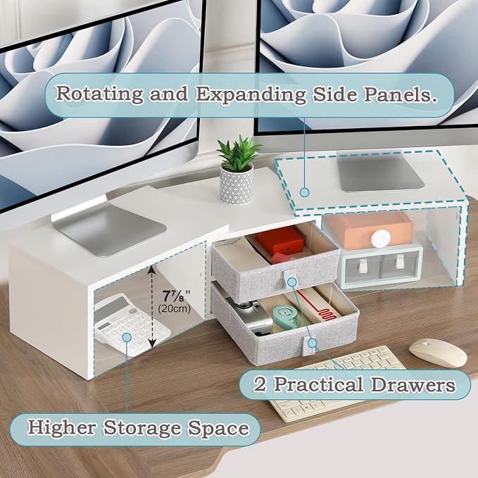 TEAMIX Dual Monitor Stand Riser with 2 Drawers - Length and Angle Adjustable White Monitor Stand with Storage Large Computer Riser for 2 Monitors/Laptop/PC, Wood Screen/TV Stand Desk Organizer - Image 5
