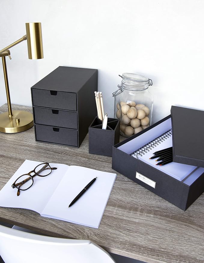 Bigso Box of Sweden Ingrid 3-Drawer Fiberboard Desk Organizer for Office Supplies & Accessories - Stackable Makeup Drawer Organizer - 6.3in x 9.9in x 8.1in - Blue - Image 2