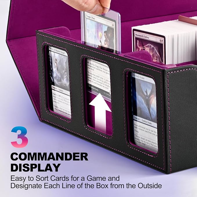 UAONO 3-Row Trading Card Storage Box with Commander Display, Black Purple | 1800+ Commander Deck Box for MTG, Bulk Card Case Fits Magic TCG PTCG Sports Cards, 10 Dividers & 3 Stoppers - Image 2
