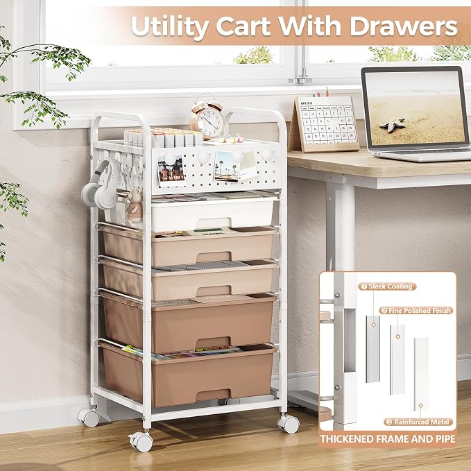 5 Drawer Rolling Storage Cart with Pegboard Top and Hooks, Brown | Mobile Organizer Cart with Wheels for Office Supplies, Craft Storage, Classroom Organization, Home Utility Cart - Image 6