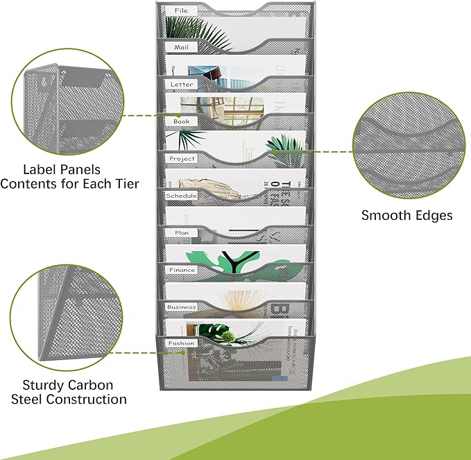 EasyPAG 10 Pocket Mesh Wall File Organizer, Hanging Paper Folder Holder with Classify Label, Vertical Wall Mount Mail Organizer for Office Home Classroom, Silver - Image 3