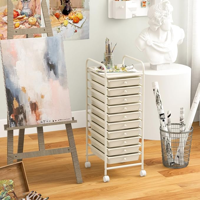 Storage Cart, Rolling Utility Cart with 10 Drawers, Portable Handles & Lockable Wheels, Mobile Paper Toys Storage Organizer Large Capacity for Home Office School Teacher (White) - Image 7