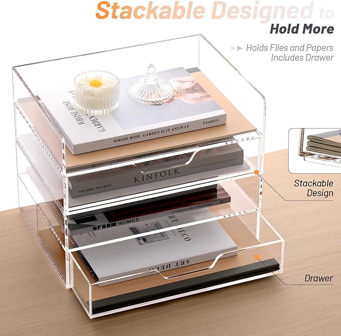 SANRUI Acrylic Desk Organize with Drawer, Stackable File Organizer, 2-Tier | Clear Paper Organizer Letter Tray, Versatile Desk Organizers and Accessoriesfor Office Classroom Home,12.4x8.86x5.1in - Image 3
