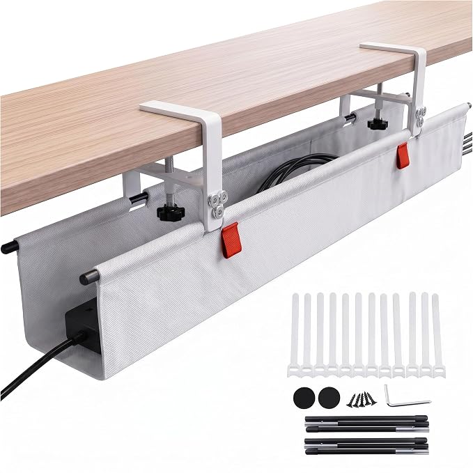 Under Desk Cable Management Tray 36" — No Drill Clamp-On Cord Organizer for Desk with Built-in Ties, Heavy Duty Metal Clamp, Foldable 600D Oxford Fabric for Home Office, WFH & Gaming PC Setup (White) by Unknown