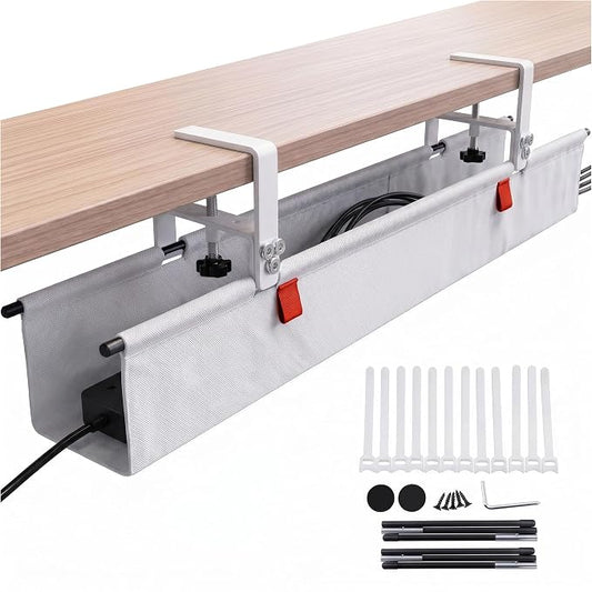 Under Desk Cable Management Tray 36" — No Drill Clamp-On Cord Organizer for Desk with Built-in Ties, Heavy Duty Metal Clamp, Foldable 600D Oxford Fabric for Home Office, WFH & Gaming PC Setup (White) by Unknown