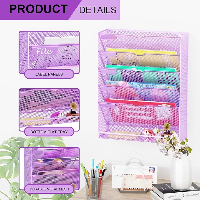 Hanging Wall File Organizer 6 Tier Wall Mounted Mail Paper Folder Holder Document Organization Stand, Vertical Desk Magazine Rack for Office Home Cubicle Countertop, Light Purple - Image 4