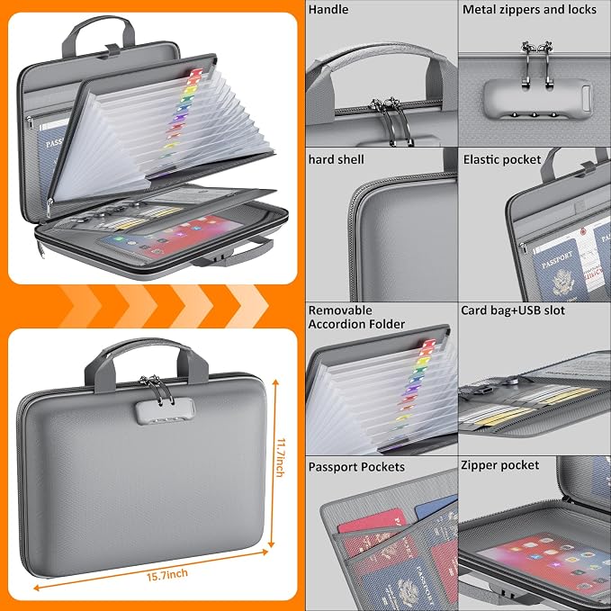 Tamfile Fireproof File Organizer with Lock,Hard Case Fireproof Document Box | 13 Transparent Pockets Accordion File Folder, Office Important Document Organizer for Letter A4 Files Laptop Passports, Grey - Image 4