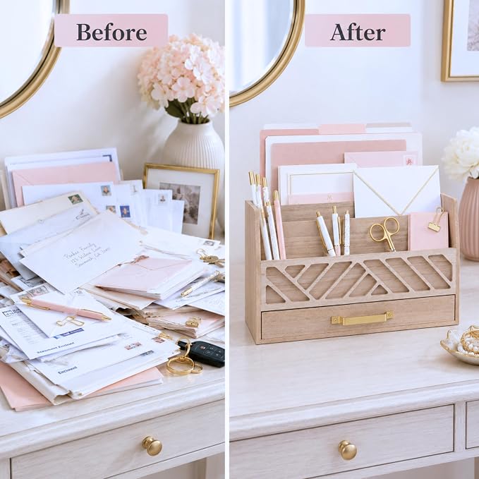 BLU MONACO | Wooden Mail Organizer with Drawer and Gold Handle | Outgoing Mail Holder and Letter Sorter for Desk | Natural Wood Desktop Paper Organizer - Image 6