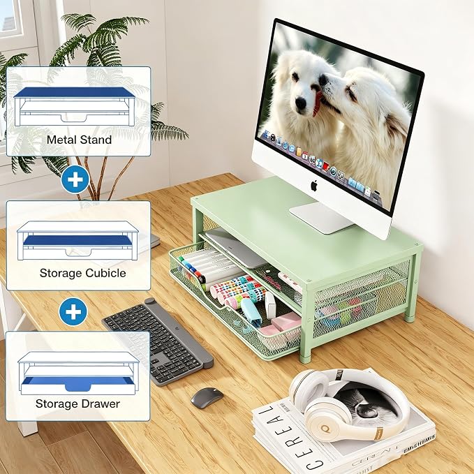 Computer Monitor Stand Riser, Desk Organizer with Drawer, Printer & Laptop Stand, Office Desk Accessories & Workspace Desktop Organizers Storage for Office Supplies(Green) - Image 4