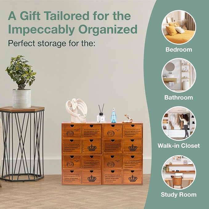 Modular Stackable Set of 4 Mahogany Brown Wood Storage Drawers for Desktop - 16-Drawer Stackable Desk Organizers - Vintage Style Office & Study Table Wooden Storage Boxes, Fully Assembled - Image 7