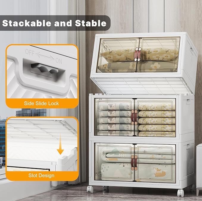Stackable Storage Bins, 672QT Collapsible Drawers with 2 Lids | Large Capacity, Magnetic Door, Stack Lock, Rolling Wheels, Foldable Design, Organizers and Storage for Bedroom Dorm Garage - Image 5