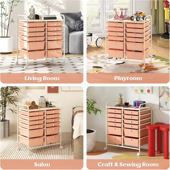 GOFLAME 12-Drawer Rolling Storage Cart, Multipurpose Organizer Cart with 2 Sizes Plastic Drawers, Mobile Utility Cart with Lockable Casters for School, Home Office, Beauty Salon, Peach Fuzz - Image 8