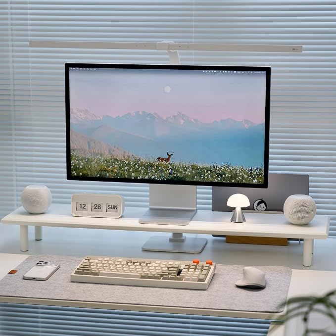Bamboo Dual Monitor Stand Riser, White Desk Shelf with Storage | 39.37-Inch Wide, 3.5-Inch Clearance, Fits Keyboards, Soundbars and Two 24-Inch Monitors for Home Office by Rocdeer